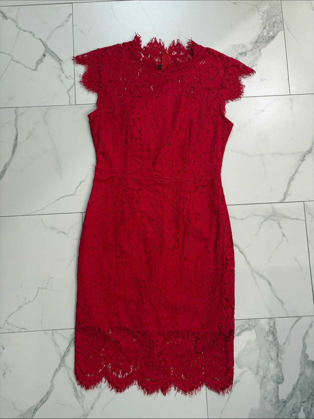 Red Lace Cap-Sleeve Sheath Dress